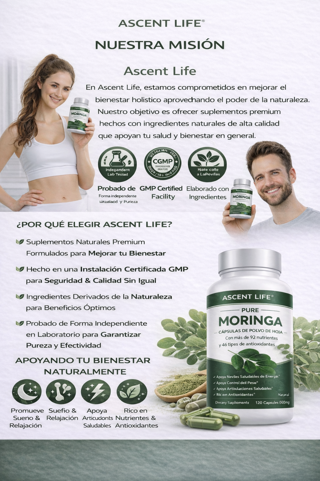 Ascent Life – Moringa 100% pura que ayuda naturalmente a reducir el cortisol para el equilibrio de todo el cuerpo